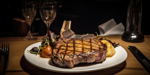 Poster - AI generated illustration of a plate of freshly cooked steak on a wooden table