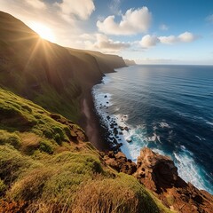 Poster - AI generated illustration of A stunning coastal view is illuminated by the bright rays of the sun