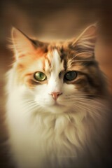 Wall Mural - Portrait of a fluffy domestic cat with green eyes.  AI-generated.