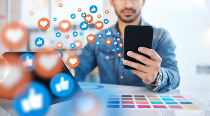Poster - Notification, phone and businessman on social media networking as communication with overlay or graphic like. Digital, heart emoji and employee or worker texting on a mobile app, website or web