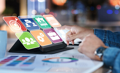 Aufkleber - Hands, tablet and hologram dashboard for web design, transformation and overlay for app ui in office. Programming expert, touchscreen and holographic icon with color, choice or ux coding in workplace
