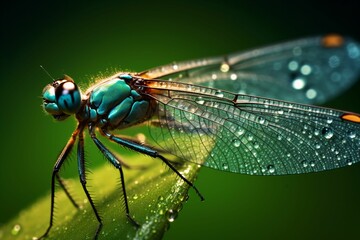 Sticker - AI generated illustration of a macro of a dragonfly perched on a green leaf