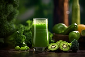 Wall Mural - Abundance of fresh fruits and vegetables next to a tall glass of vibrant green juice, ai-generated