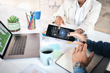 Poster - Business people, hands and tablet with icons for marketing, analytics or SEO at the office. Group working on technology display for online research, teamwork or planning strategy at workplace