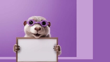 Sticker - Cute otter with an empty card isolated on a purple background. Advertising template. AI-generated.