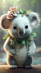 Sticker - AI generated illustration of a koala bear wearing a headdress of flowers and greenery