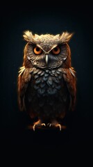 Sticker - AI generated illustration of an owl with glowing orange eyes set against a dark backdrop