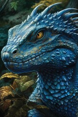 Poster - AI generated illustration of a blue dragon with its head and shoulders visible in profile