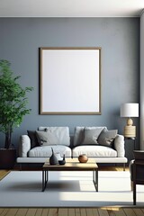 Wall Mural - AI generated illustration of a cozy living room with an empty frame hanging above a comfortable sofa