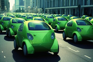 Wall Mural - AI generated illustration of the futuristic small green cars on the road