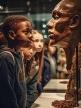 A Kid Looking At The Bronze Head Of A Man In The Center