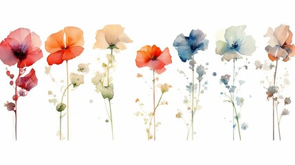 Sticker - AI generated illustration of a vibrant row of multicolored watercolor flowers