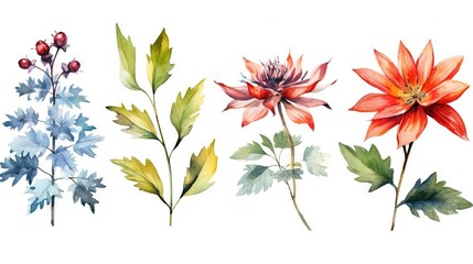 Poster - AI generated illustration of a vibrant watercolor painting featuring a set of different flowers