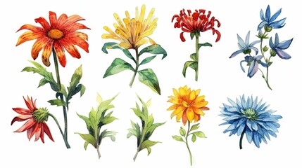 Poster - AI generated illustration of a vibrant watercolor painting featuring a set of different flowers