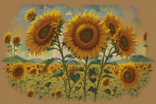AI Generated Illustration Of A Vibrant Sun Setting Behind A Field Of Sunflowers
