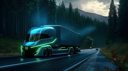 AI generated illustration of a futuristic high tech truck with green neon lights