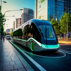 Wall Mural - AI generated illustration of a modern public transportation vehicle driving through a cityscape