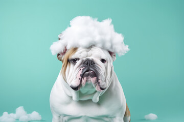 Poster - AI generated illustration of a bulldog covered in cotton, sitting in a peaceful pose