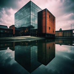 Wall Mural - AI generated illustration of a high-rise building reflected in a shallow pool of water