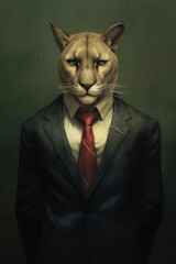 Canvas Print - AI generated illustration of a lion wearing a stylish suit and tie with a blurry background