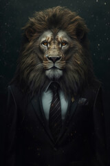 Canvas Print - AI generated illustration of a lion wearing a stylish suit and tie with a blurry background