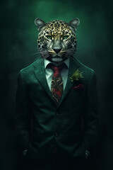 Canvas Print - AI generated illustration of a Leopard wearing a stylish suit and tie with a blurry background