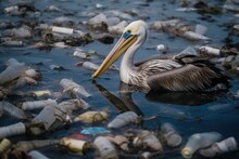 AI Generated Illustration Of A Pelican Perched On A Lake Filled With Plastic Bottles And Trash