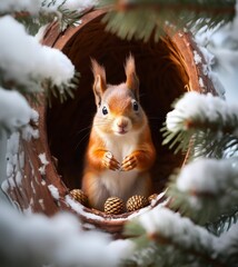 Canvas Print - AI generated squirrel perching on tree with pinecones