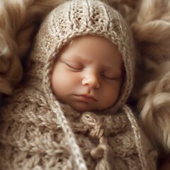 Sticker - Adorable newborn baby boy sleeping soundly while wearing a warm woolen hat - Ai generated