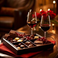 Poster - AI generated tray filled with an assortment of chocolates and two glasses of red wine