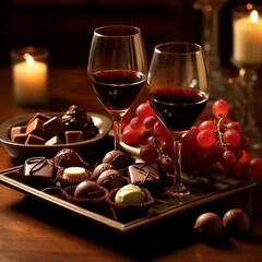 Poster - AI generated tray filled with an assortment of chocolates and two glasses of red wine