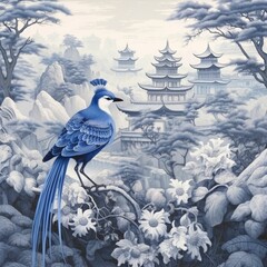 Wall Mural - AI generated peacock bird perching on branch