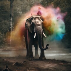 Sticker - AI generated African elephant with brightly colored powder in a lush green forest