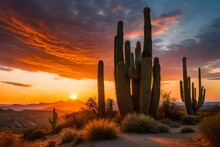 Group Of Saguaro Cacti At Sunrise In Desert AI Generated 