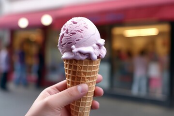 Poster - Hand holding an ice cream cone in a street setting. AI-generated.