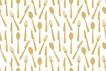Golden Seamless Cutlery Pattern: Spoon, Knife And Fork; Kitchen, Restaurant, Menu Background- Vector Illustration