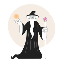 Poster - Old wizard monochrome concept vector spot illustration. Mysterious magician with silver beard and magic staff 2D flat bw cartoon character for web UI design. Isolated editable hand drawn hero image