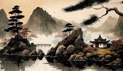 Poster - Chinese painting of mountains and lake 