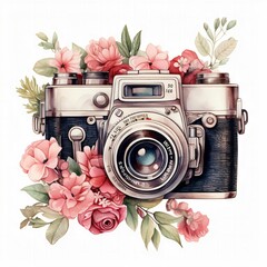 AI generated illustration of a film camera with a floral decoration on a white background