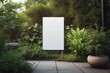 A whiteboard with copy space in an outdoor setting surrounded by lush foliage