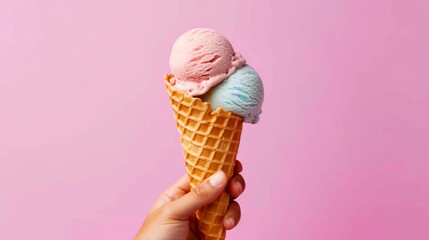 Poster - AI generated illustration of a person holding an ice cream cone on a pink background