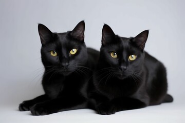 Canvas Print - AI generated illustration of two black cats seated on a white surface