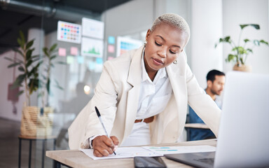 Aufkleber - Business woman, writing focus and graphic designer with notes and information for project. Company, African female person and design in office with pen and document for website work at agency