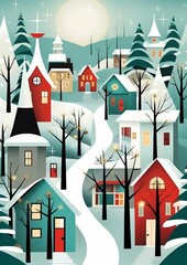 Sticker - AI generated illustration of a snowy village with urban buildings and forest trees