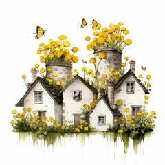 Sticker - AI-generated illustration of yellow flowers growing out of the top of chimneys