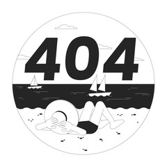Fototapete - Vacation beach black white error 404 flash message. Lying sunbathing girl looking at ocean. Monochrome empty state ui design. Page not found popup cartoon image. Vector flat outline illustration