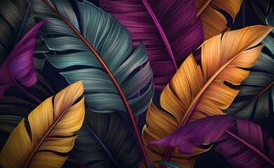 Poster - Tropical luxury exotic seamless pattern. Pastel colorful banana leaves. Generative AI.