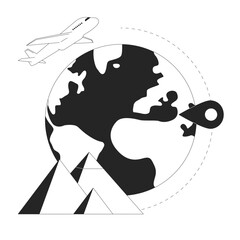 Poster - International flight flat line concept vector spot illustration. Airplane around world 2D cartoon flat line monochrome objects for web UI design. Egypt destination editable isolated outline hero image