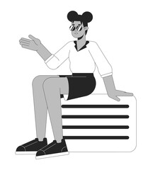 Poster - stylish afro american girl sitting on valise flat line black white vector character. editable outlin