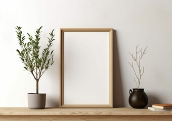 Wall Mural - AI generated illustration of a photo frame mockup with copyspace and decorative plants